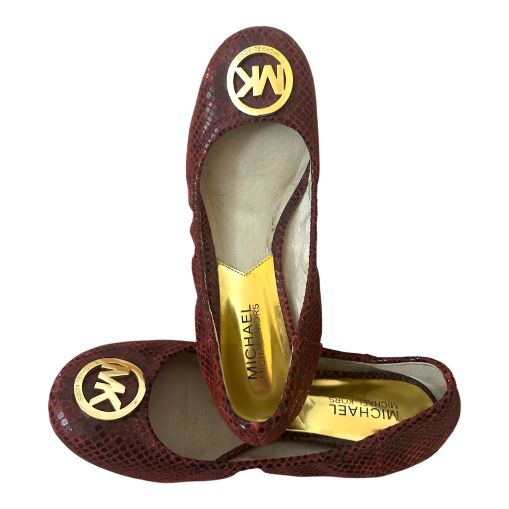 Michael Kors Designer Snake Skin Ballet Flats with MK Logo in Red & Black